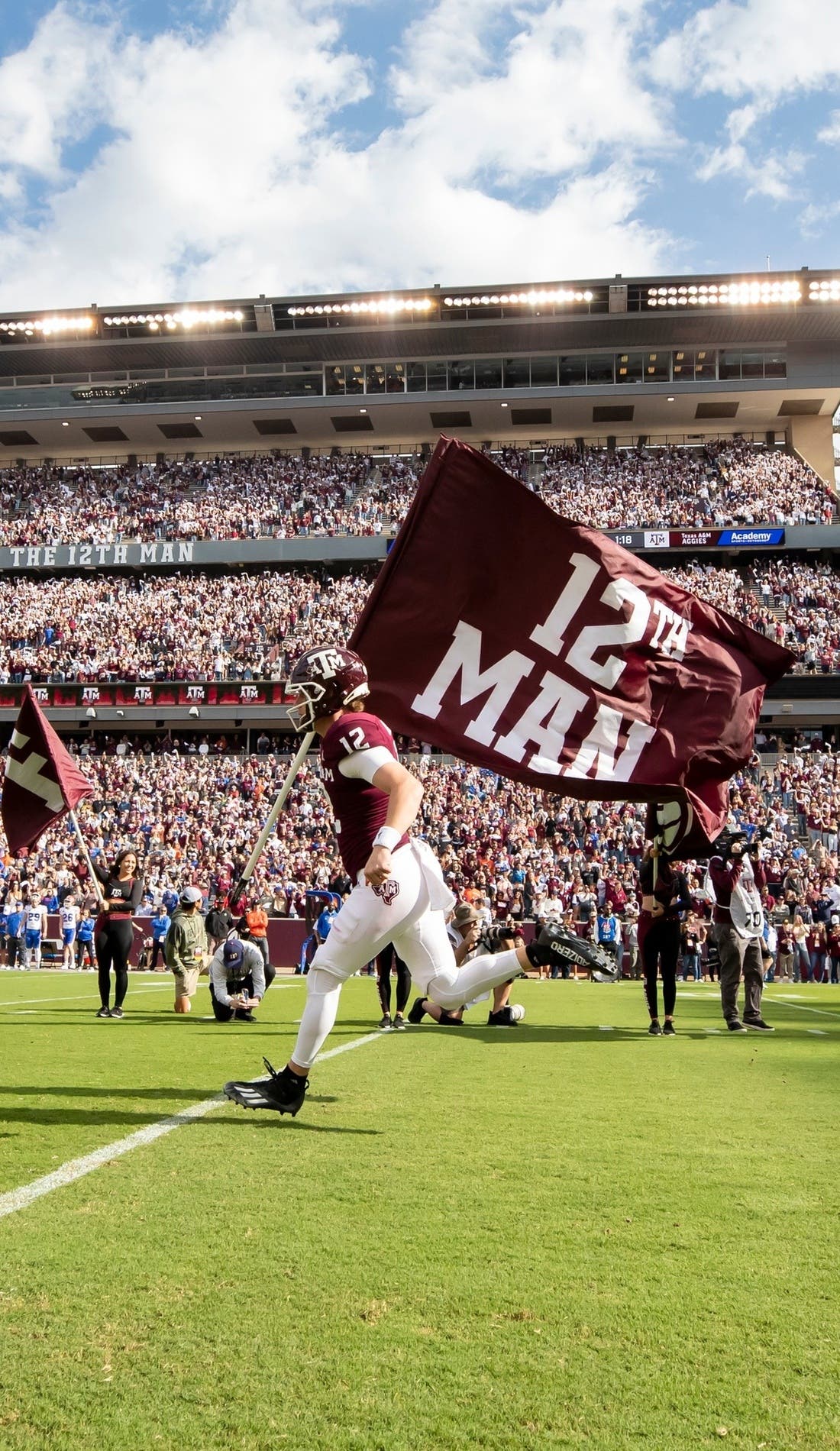View from a seat at a Texas A&M Aggies Football vs Texas Longhorns Football game, showing the teams playing