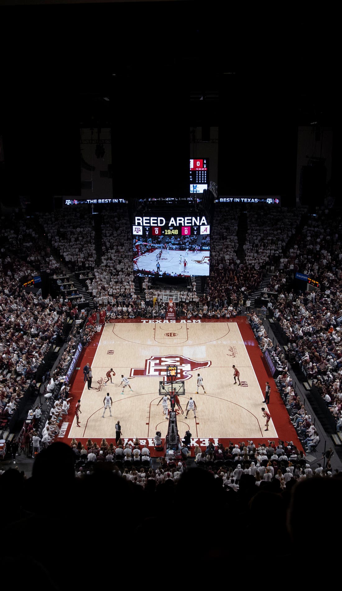 View from a seat at a Texas A&M Aggies Mens Basketball vs USC Trojans Mens Basketball game, showing the teams playing