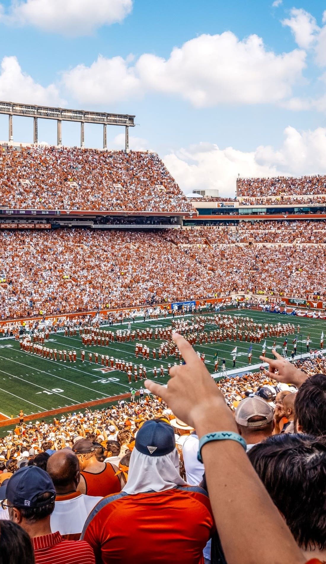 View from a seat at a Texas Longhorns Football vs Ole Miss Rebels Football game, showing the teams playing