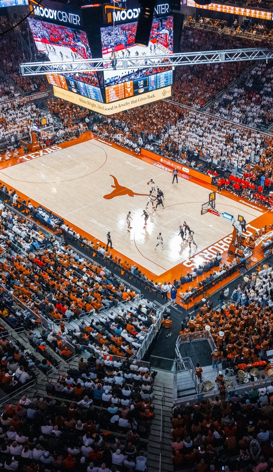 View from a seat at a Texas Longhorns Mens Basketball vs USC Trojans Mens Basketball game, showing the teams playing