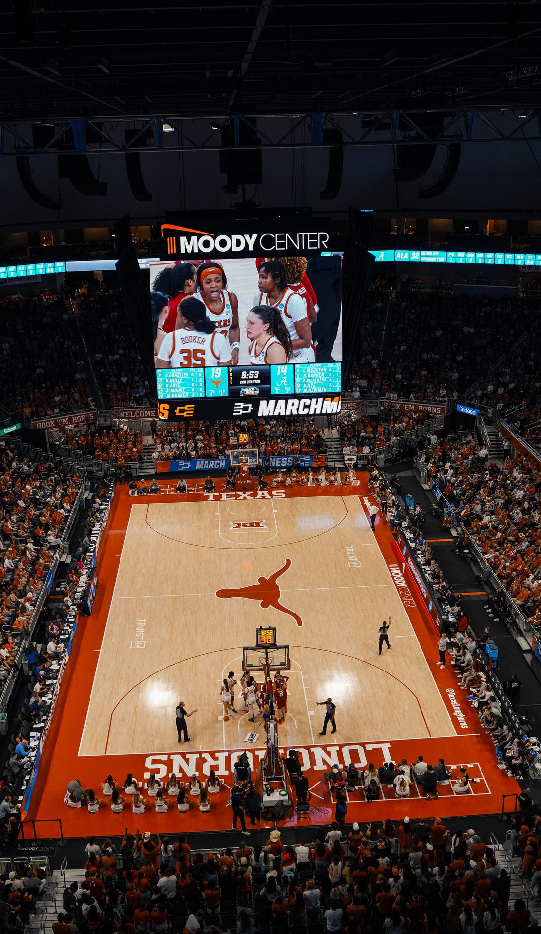 View from a seat at a Texas Longhorns Womens Basketball vs Baylor Bears Womens Basketball game, showing the teams playing