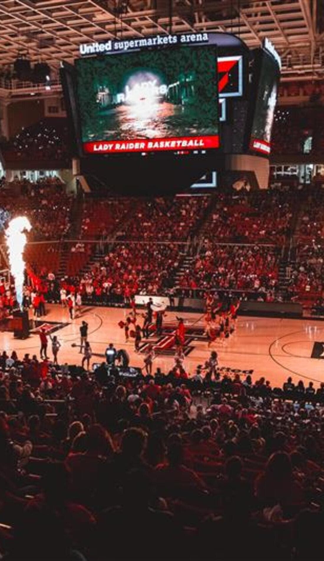 View from a seat at a Texas Tech Lady Raiders Womens Basketball vs Kansas Jayhawks Womens Basketball game, showing the teams playing