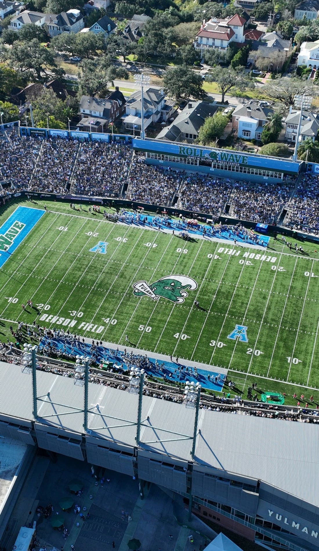 View from a seat at a Tulane Green Wave Football vs Auburn Tigers Football game, showing the teams playing