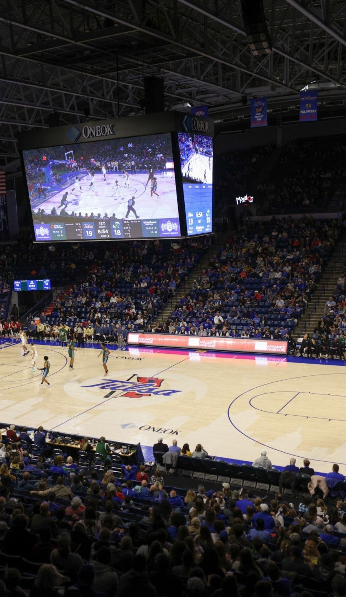 View from a seat at a Tulsa Golden Hurricane Mens Basketball vs South Carolina State Bulldogs Mens Basketball game, showing the teams playing