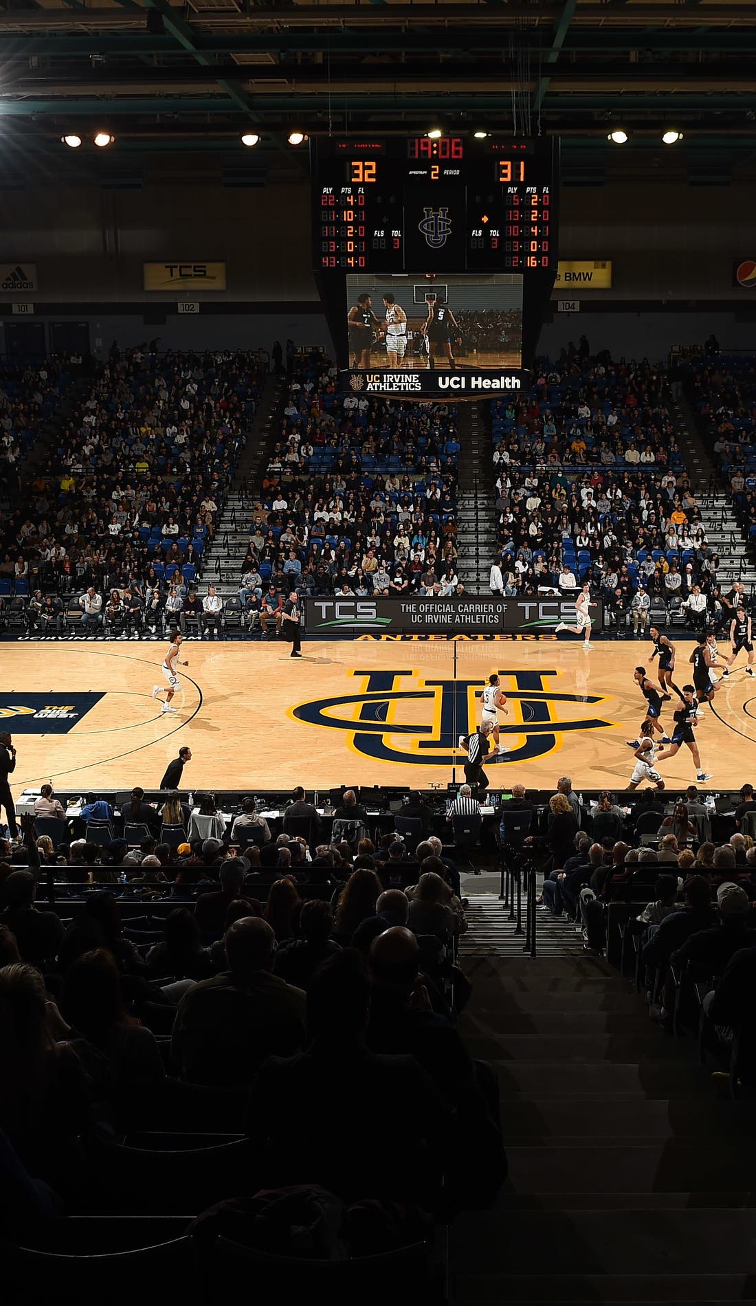 View from a seat at a UC Irvine Anteaters Mens Basketball vs Eastern Michigan Eagles Mens Basketball game, showing the teams playing