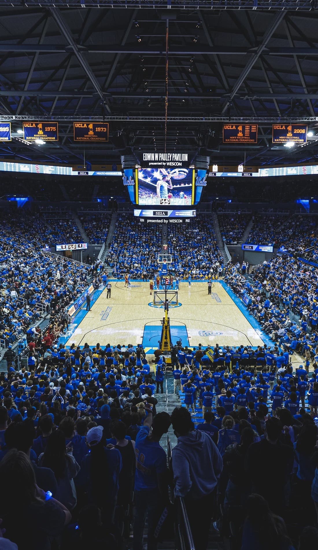 View from a seat at a UCLA Bruins Mens Basketball vs St. Francis Brooklyn Terriers Mens Basketball game, showing the teams playing