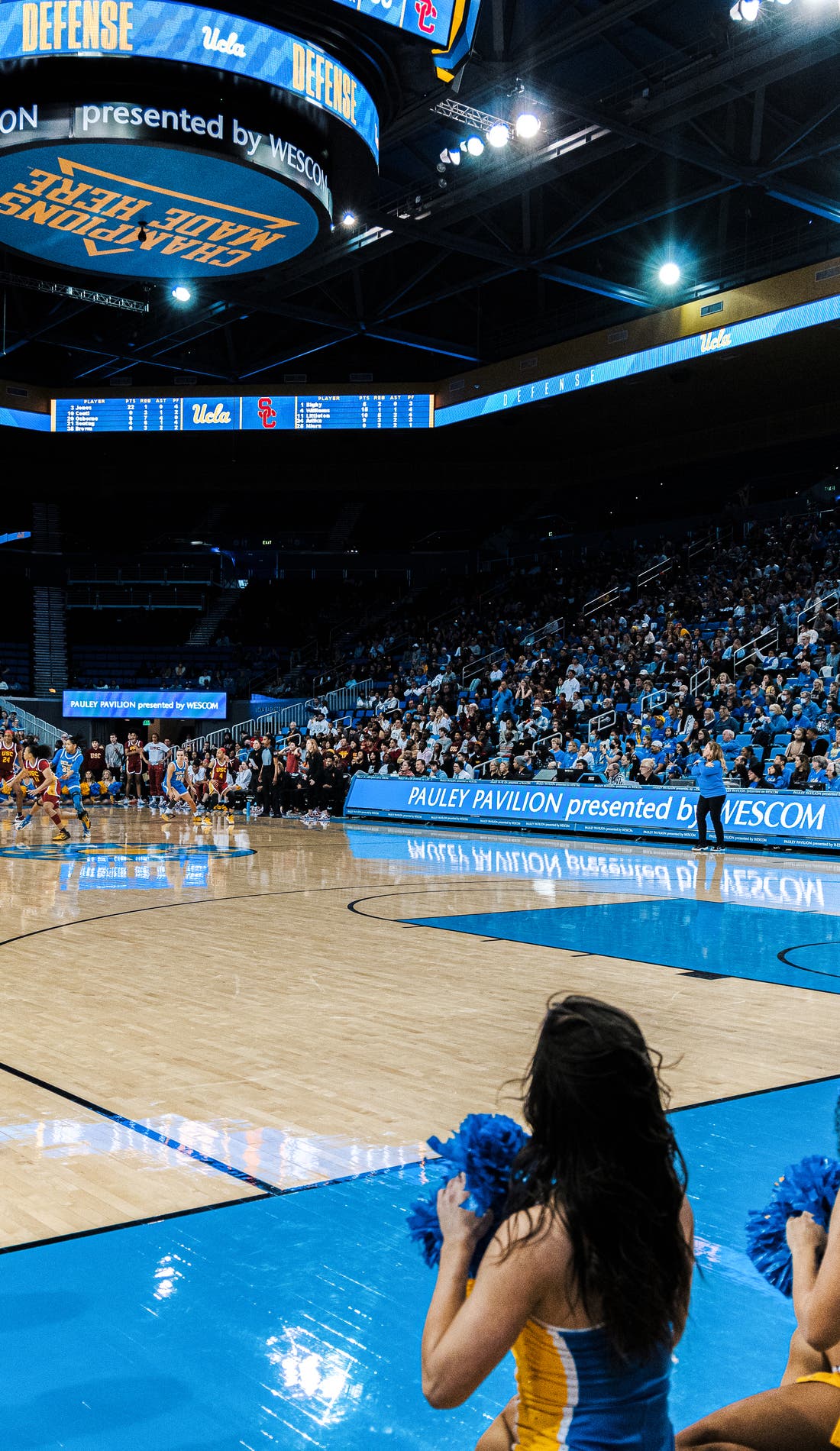 View from a seat at a UCLA Bruins Womens Basketball vs Marquette Golden Eagles Womens Basketball game, showing the teams playing