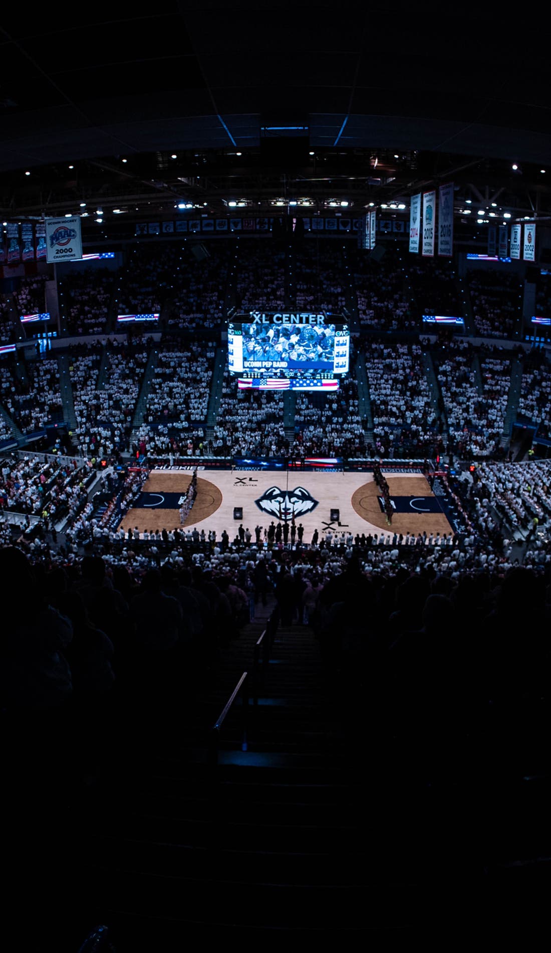 View from a seat at a UConn Huskies Mens Basketball vs Vermont Catamounts Mens Basketball game, showing the teams playing