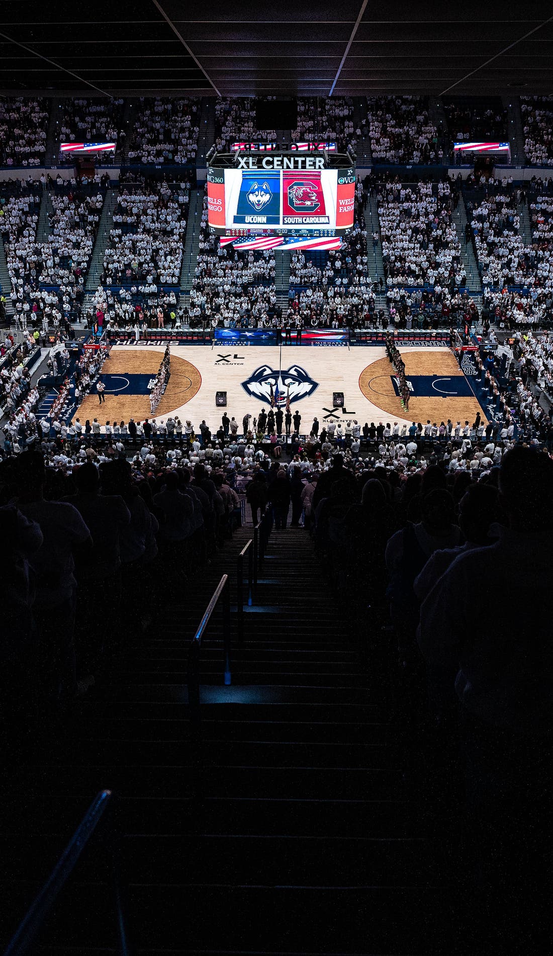 View from a seat at a UConn Huskies Womens Basketball vs Princeton Tigers Womens Basketball game, showing the teams playing