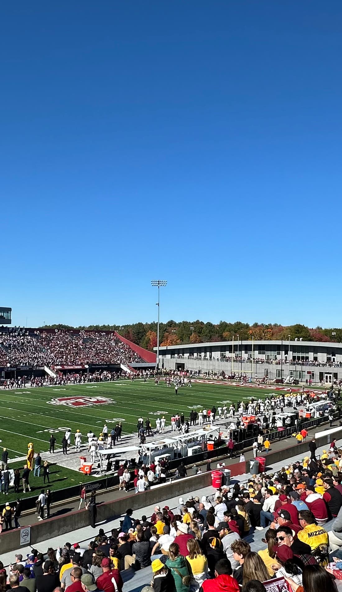 View from a seat at a UMass Minutemen Football vs Florida Gators Football game, showing the teams playing