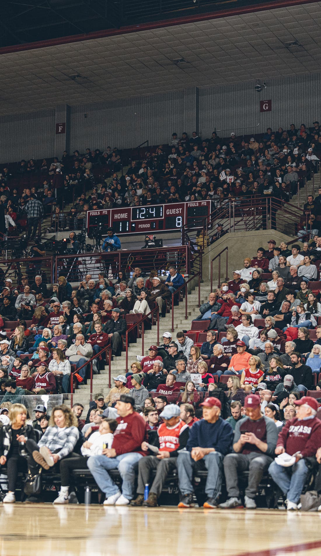 View from a seat at a UMass Minutemen Mens Basketball vs Saint Joseph's Hawks Mens Basketball game, showing the teams playing