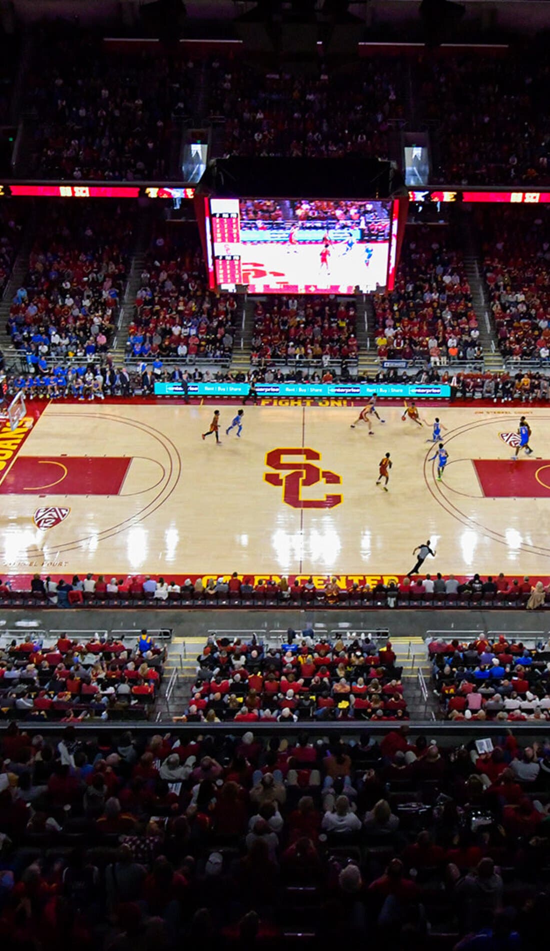 View from a seat at a USC Trojans Mens Basketball vs Tennessee Volunteers Mens Basketball game, showing the teams playing