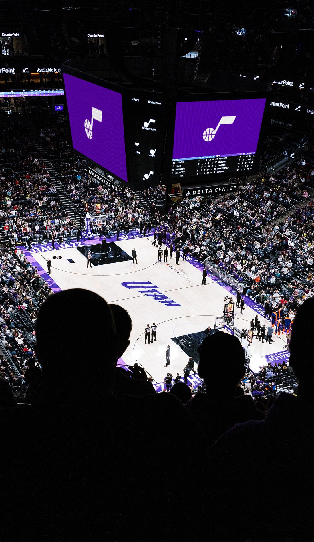 View from a seat at a Utah Jazz vs Los Angeles Lakers game, showing the teams playing