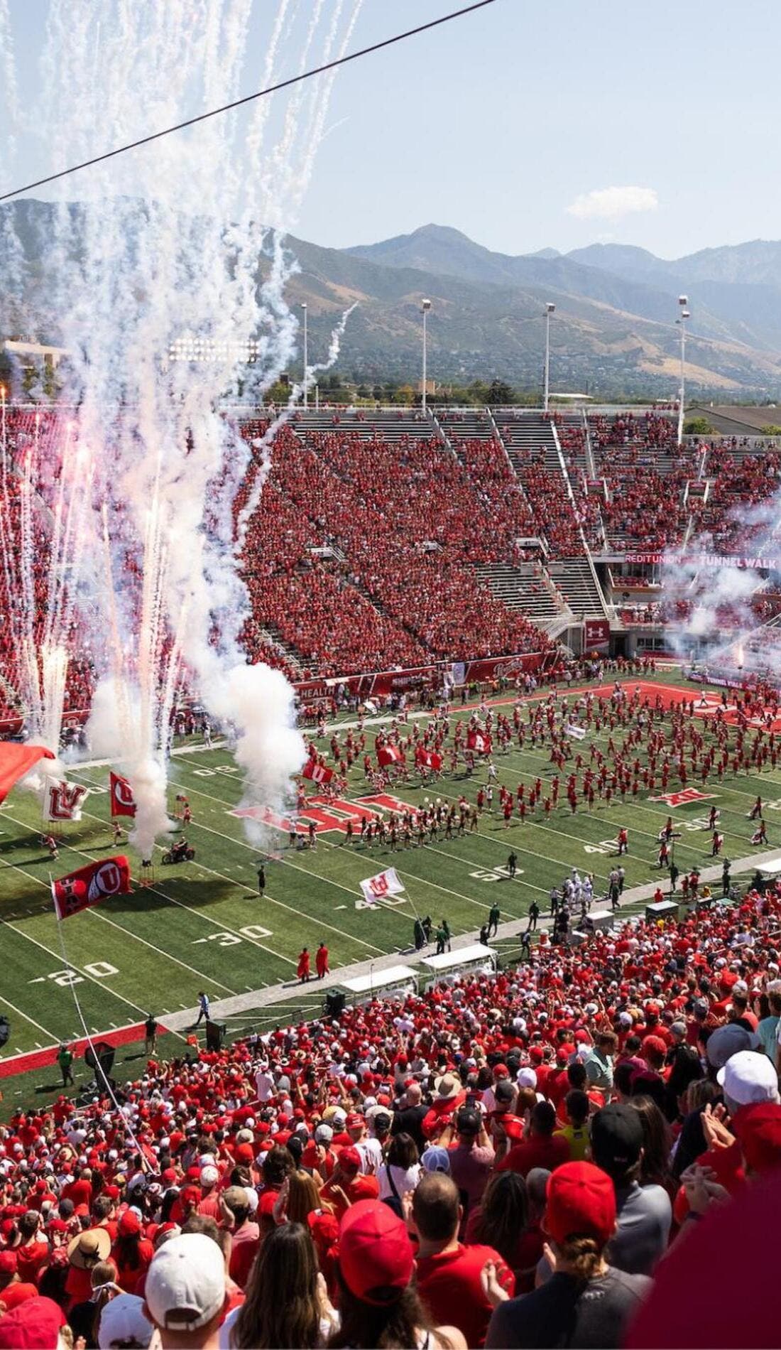 View from a seat at a Utah Utes Football vs North Dakota Fighting Hawks Football game, showing the teams playing