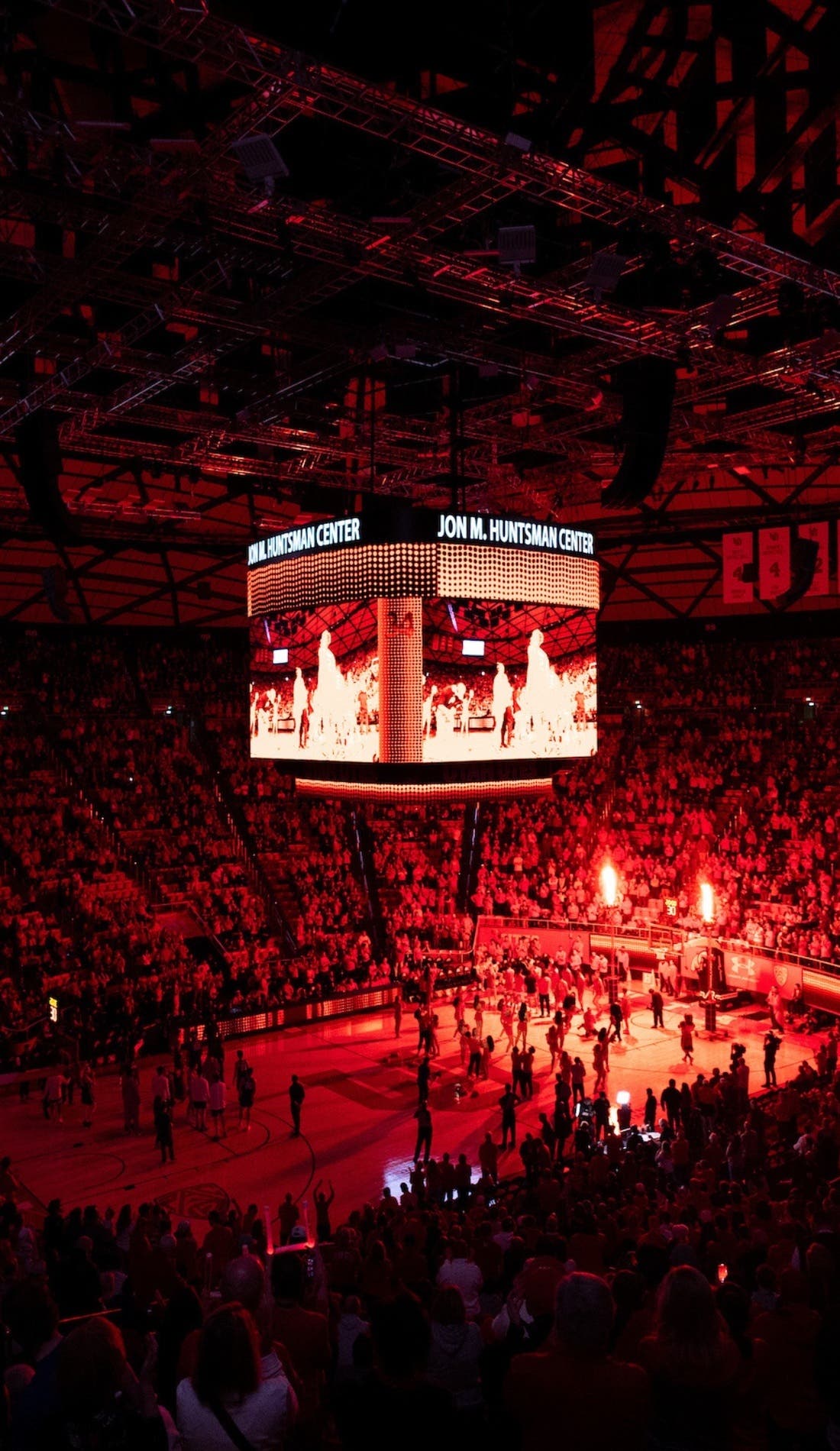 View from a seat at a Utah Utes Mens Basketball vs UC Riverside Highlanders Mens Basketball game, showing the teams playing