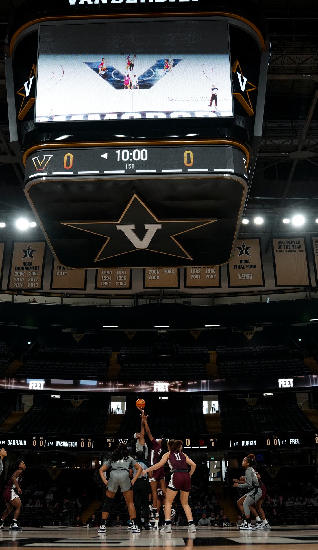 View from a seat at a Vanderbilt Commodores Womens Basketball vs Tennessee Lady Volunteers Womens Basketball game, showing the teams playing