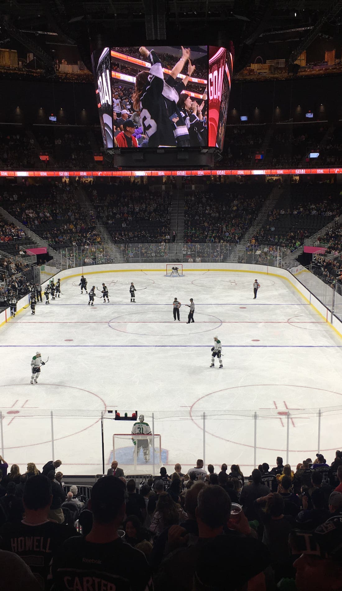View from a seat at a Vegas Golden Knights vs Utah Mammoth game, showing the teams playing