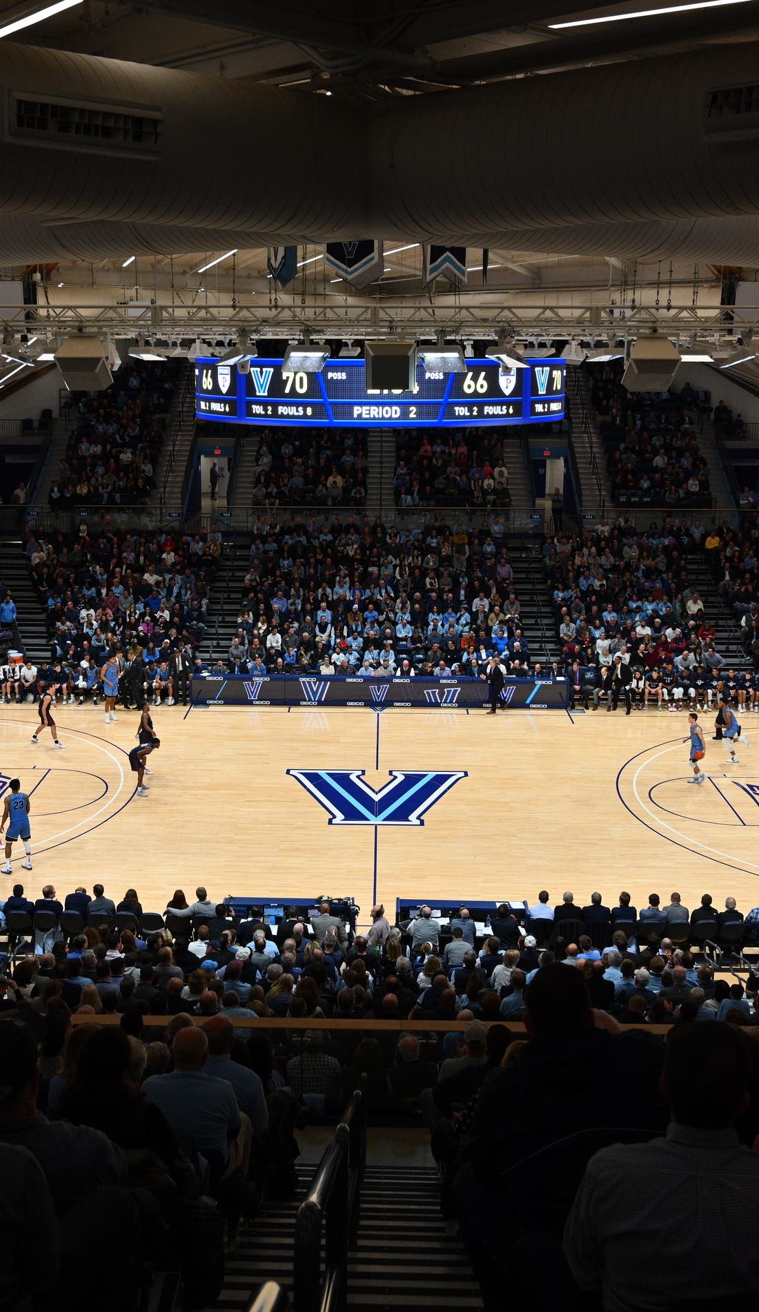 View from a seat at a Villanova Wildcats Mens Basketball vs Lehigh Mountain Hawks Mens Basketball game, showing the teams playing