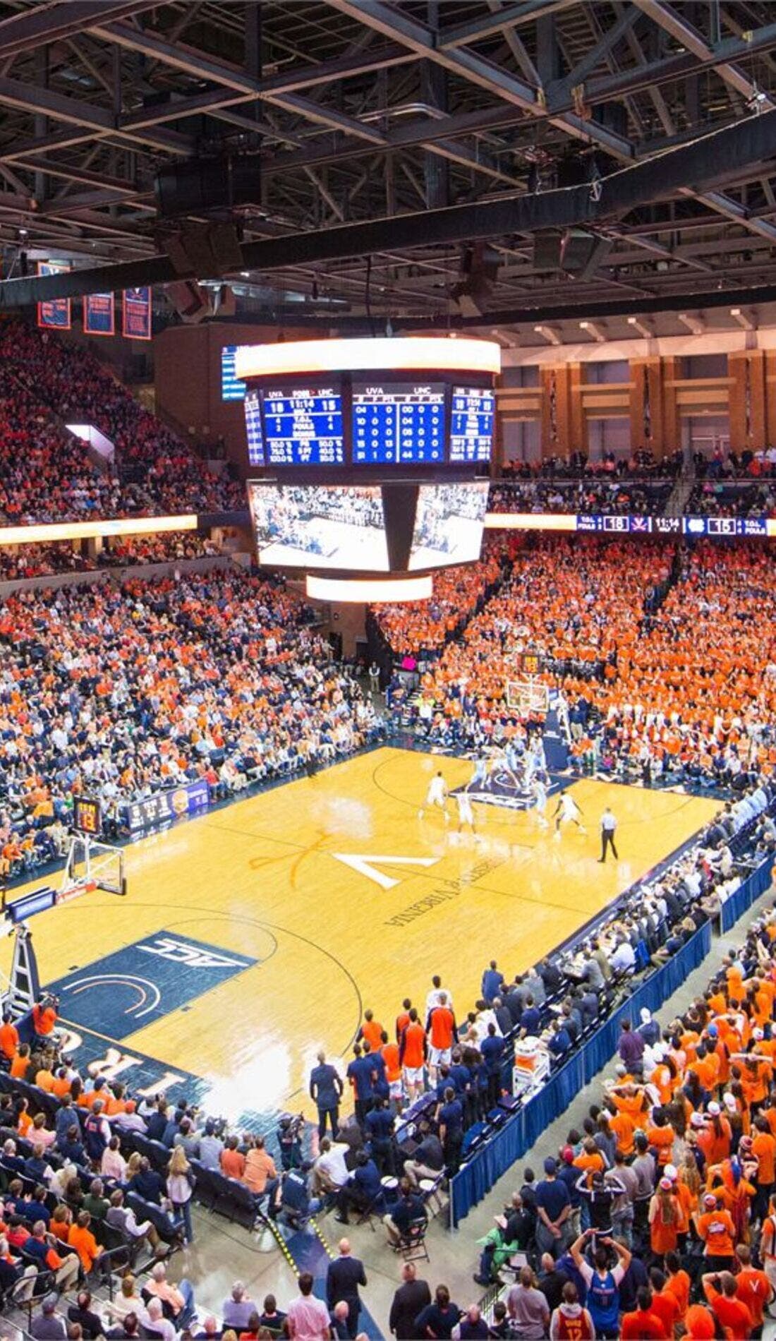 View from a seat at a Virginia Cavaliers Mens Basketball vs Coppin State Eagles Mens Basketball game, showing the teams playing