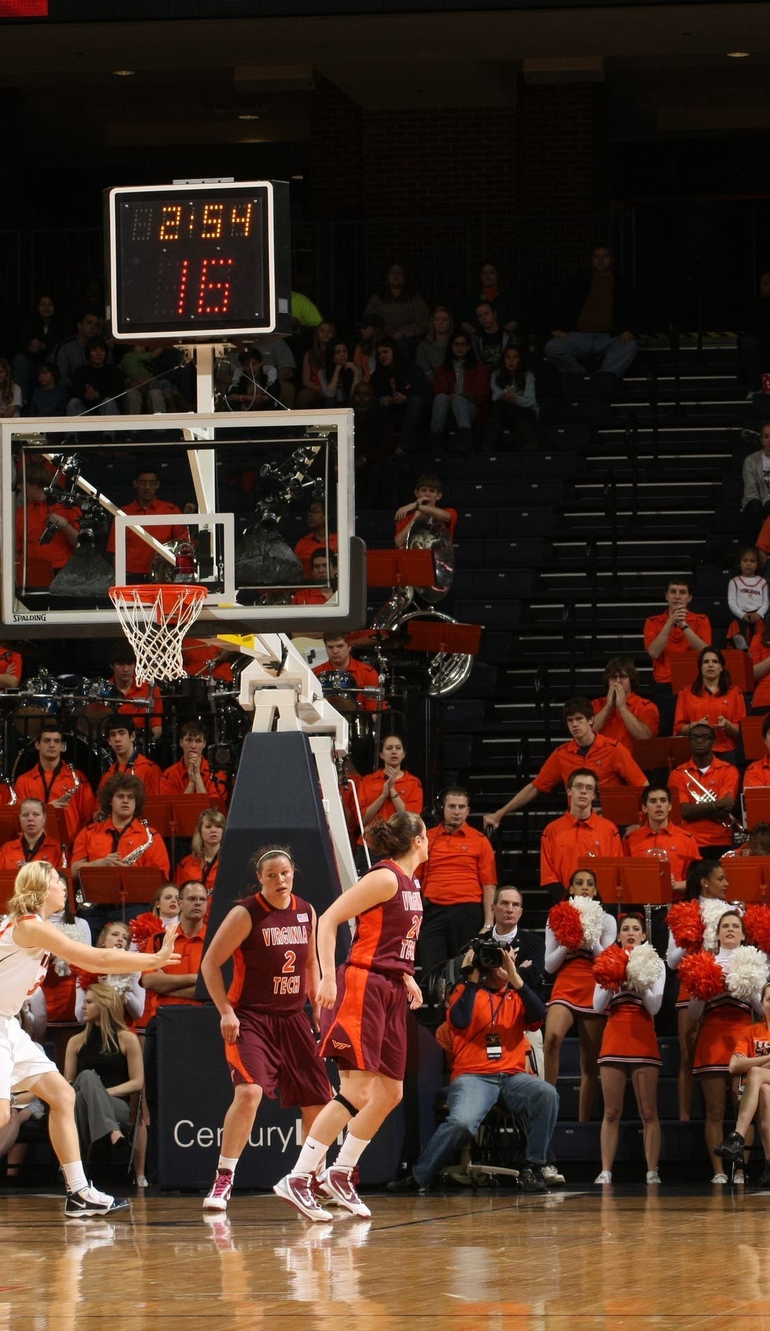 View from a seat at a Virginia Cavaliers Womens Basketball vs Virginia Tech Hokies Womens Basketball game, showing the teams playing
