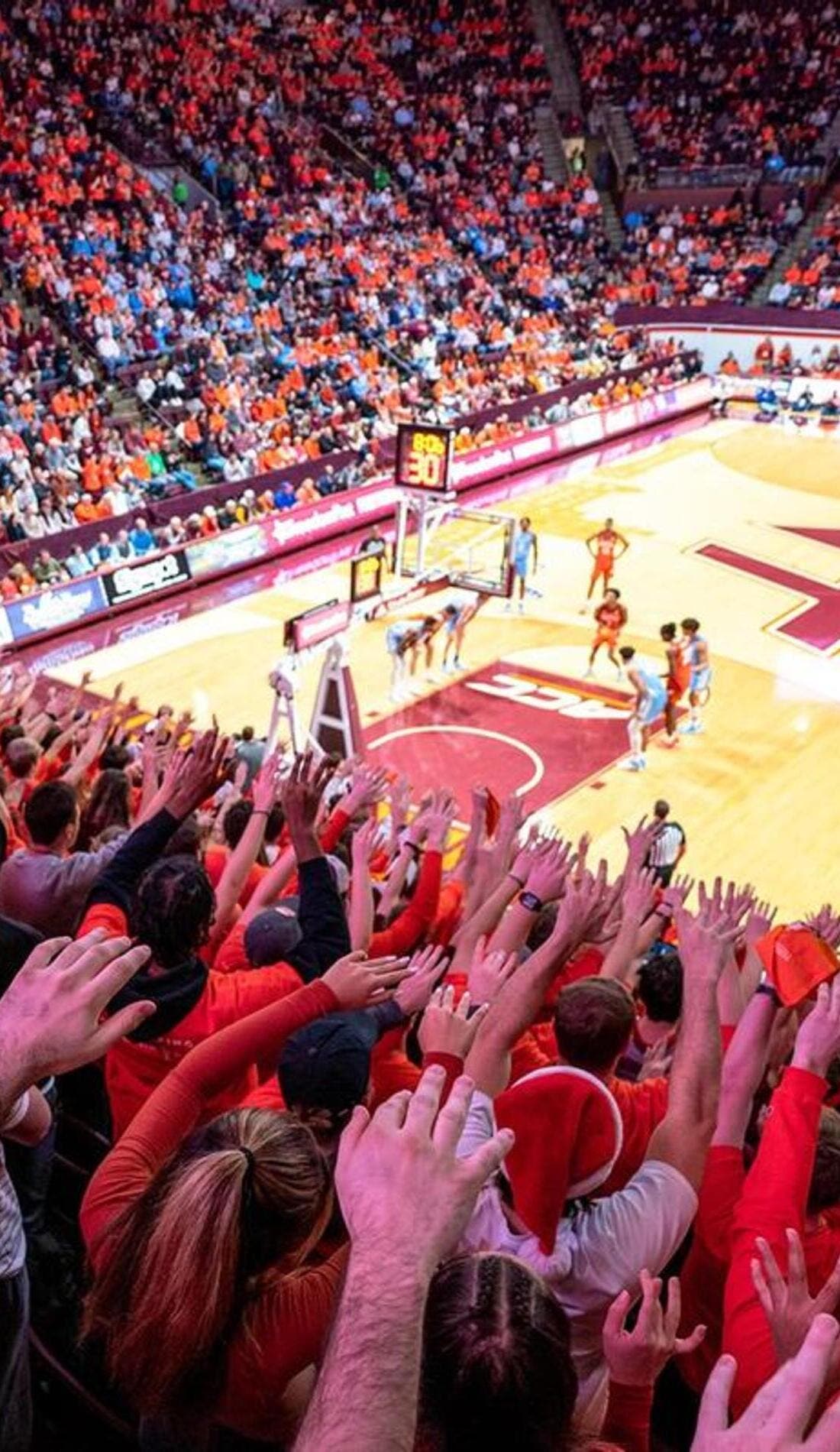 View from a seat at a Virginia Tech Hokies Womens Basketball vs UNC Greensboro Spartans Womens Basketball game, showing the teams playing