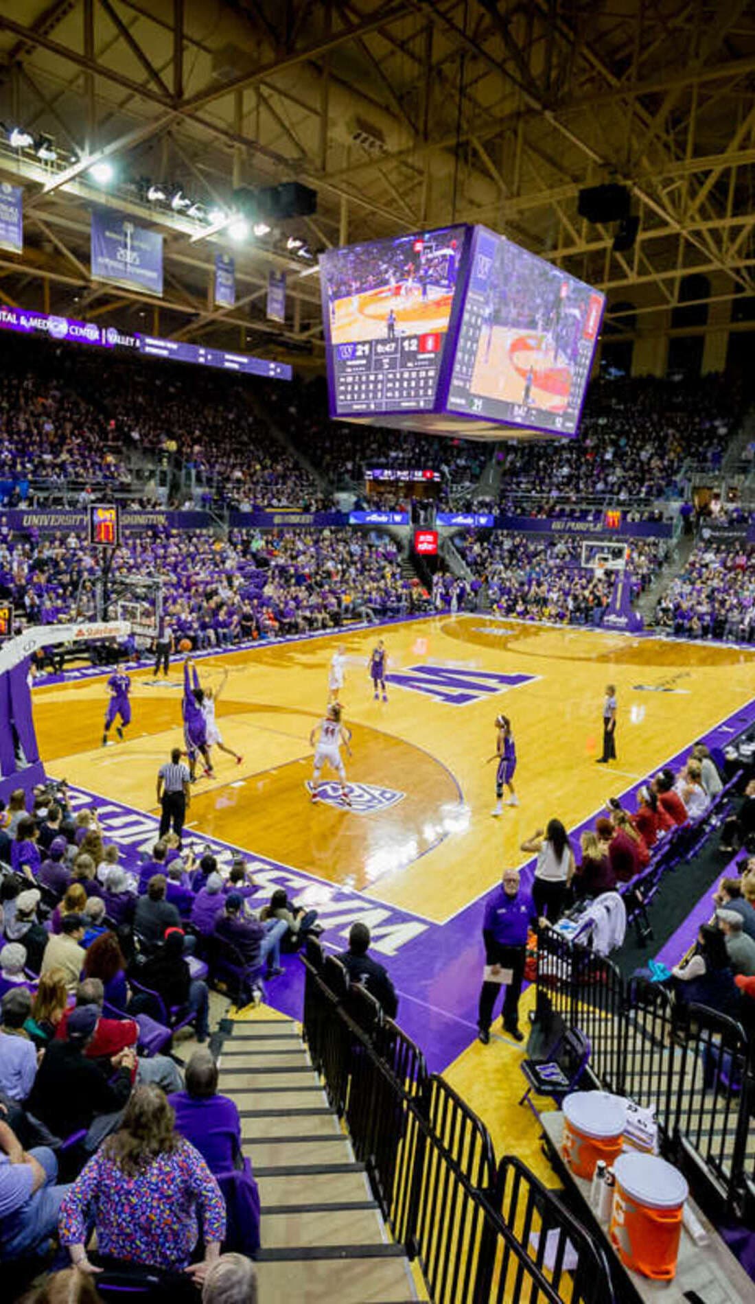 View from a seat at a Washington Huskies Womens Basketball vs Penn Quakers Womens Basketball game, showing the teams playing