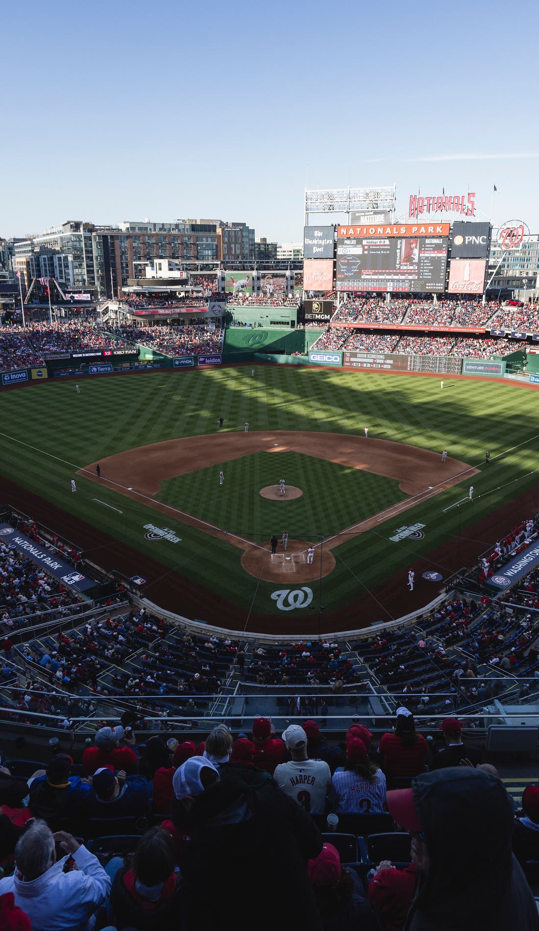 View from a seat at a Washington Nationals vs Cincinnati Reds game, showing the teams playing
