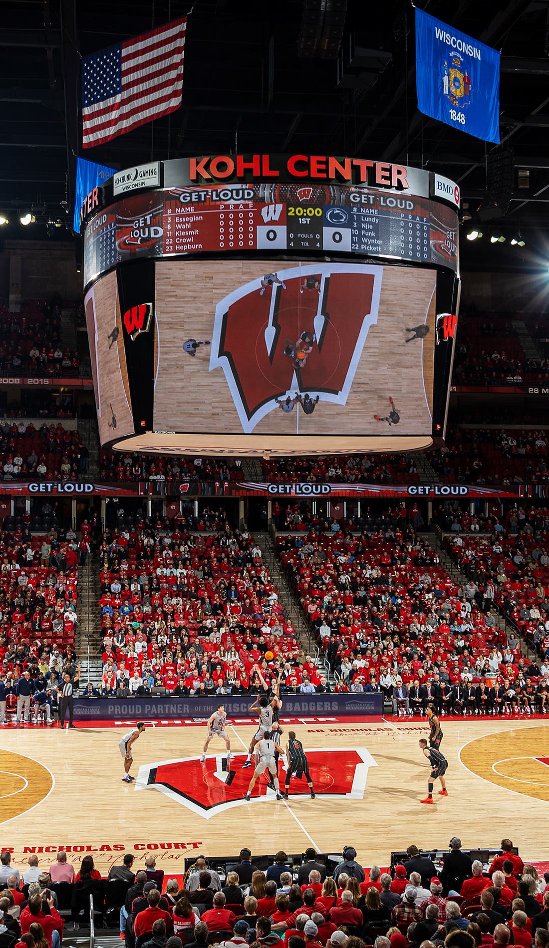 View from a seat at a Wisconsin Badgers Mens Basketball vs Wisconsin-Parkside Rangers Mens Basketball game, showing the teams playing