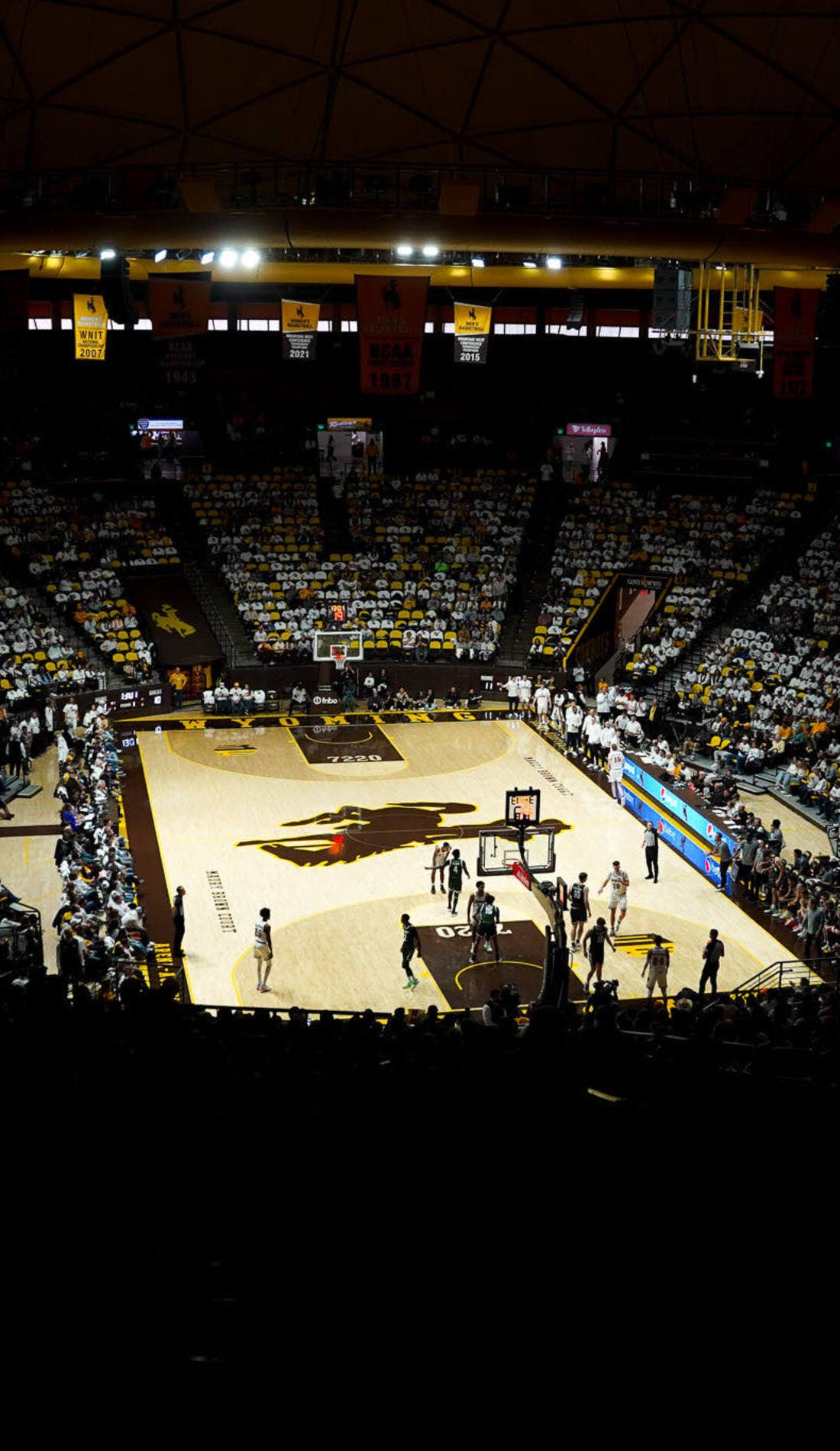 View from a seat at a Wyoming Cowboys Mens Basketball vs Saint Louis Billikens Mens Basketball game, showing the teams playing